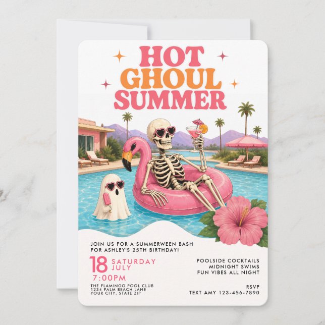 Invitation Fête d'anniversaire rétro Summerween à la piscine  (Devant)
