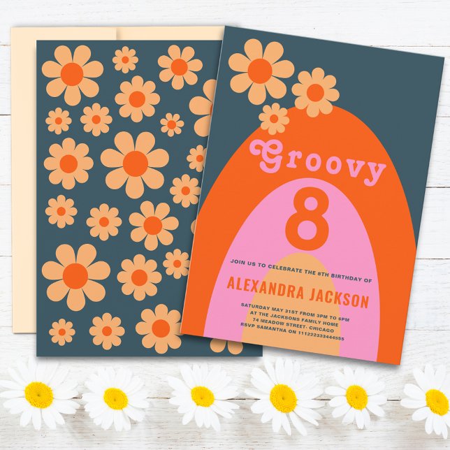 Invitation Fête d'anniversaire Retro Super (Groovy 8 retro daisy arch navy blue orange pink 8th birthday party invitation & groovy typography )