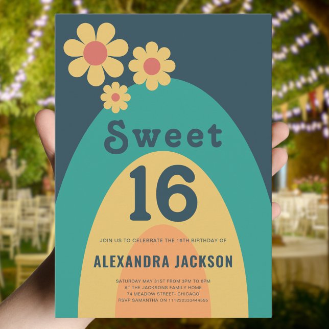 Invitation Fête d'anniversaire Retro Sweet 16 (Retro 70s vintage daisy arch groovy 16th birthday party invitation )