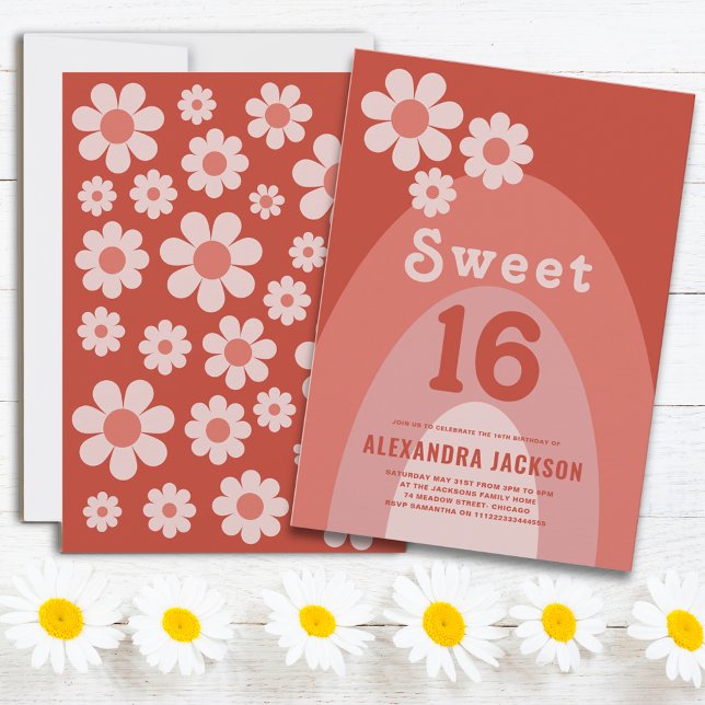Invitation Fête d'anniversaire Retro Sweet 16 Orange (Sweet 16 Retro vintage daisy arch peach orange 16th birthday party with groovy typography )