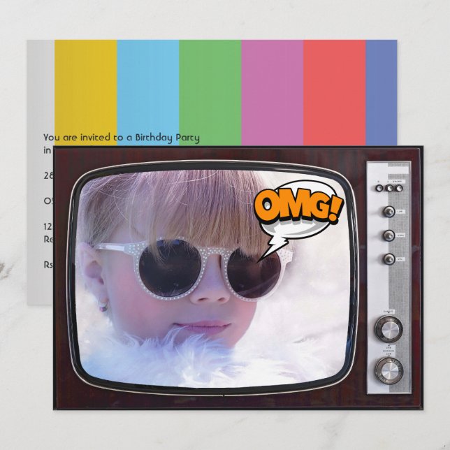 Invitation Fête d'anniversaire Retro TV (Devant / Derrière)