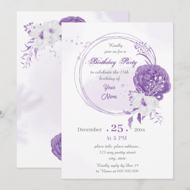 Invitation fête d'anniversaire romantique blanche violet géom (Devant / Derrière)