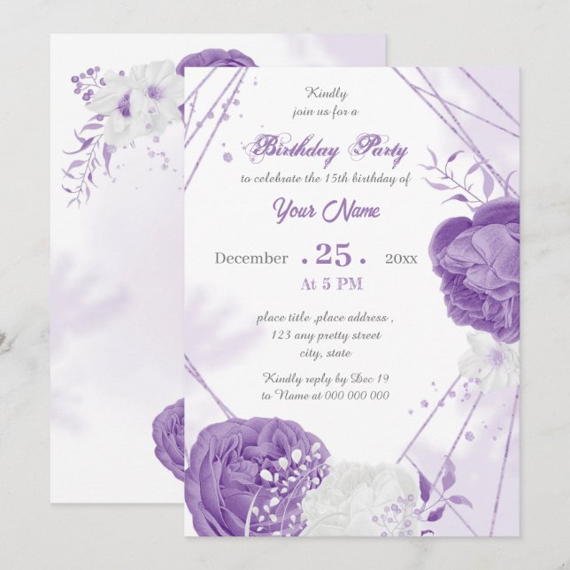 Invitation fête d'anniversaire romantique blanche violet géom (Devant / Derrière)
