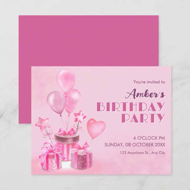 Invitation Fête d'anniversaire rose (Devant / Derrière)