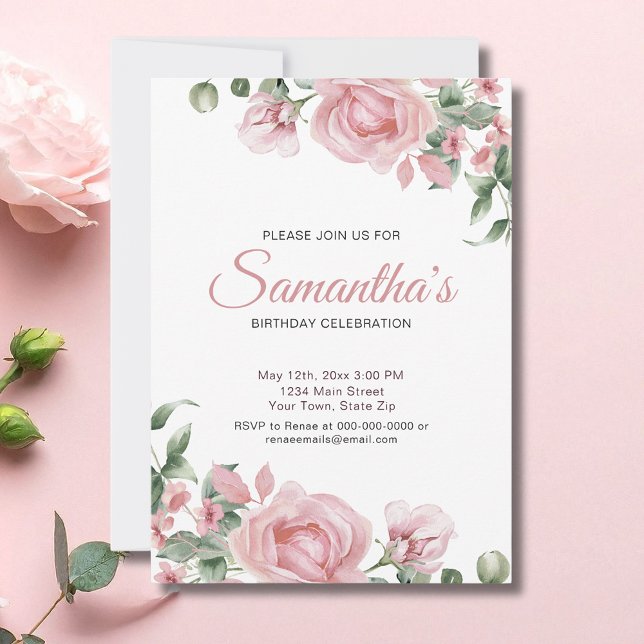 Invitation Fête d'anniversaire Rose à l'encre aquarelle  (Créateur téléchargé)