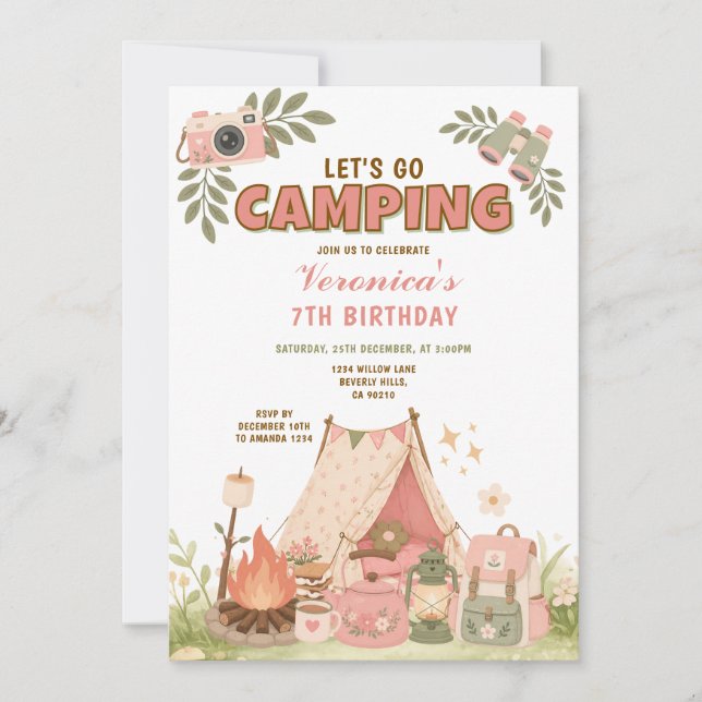 Invitation Fête d'anniversaire rose : Allons camper, aventure (Devant)