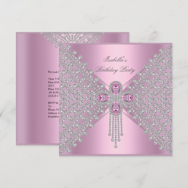 Invitation Fête d'anniversaire Rose Argent Blanc Diamant (Devant / Derrière)