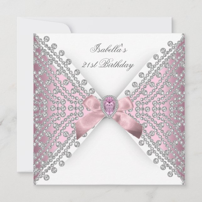 Invitation Fête d'anniversaire rose argent blanc diamant (Devant)