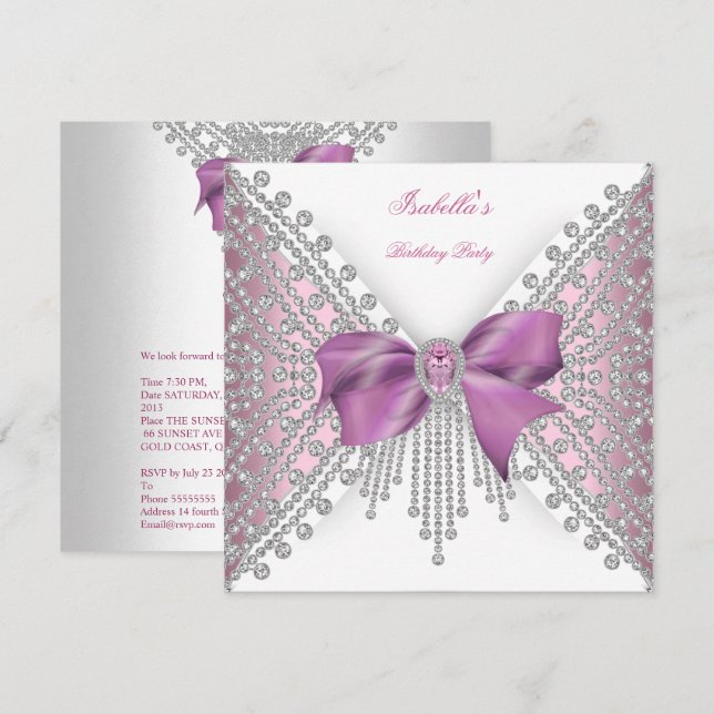 Invitation Fête d'anniversaire Rose Argent Blanc Diamant Arc  (Devant / Derrière)