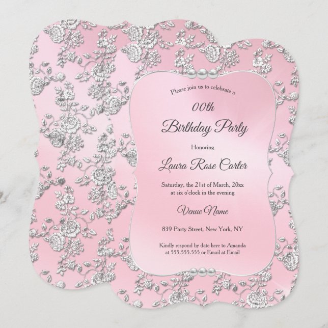 Invitation Fête d'anniversaire Rose argentée damassée florale (Devant / Derrière)
