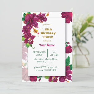 Invitation fête d'anniversaire rose aux fleurs d'hibiscus bor