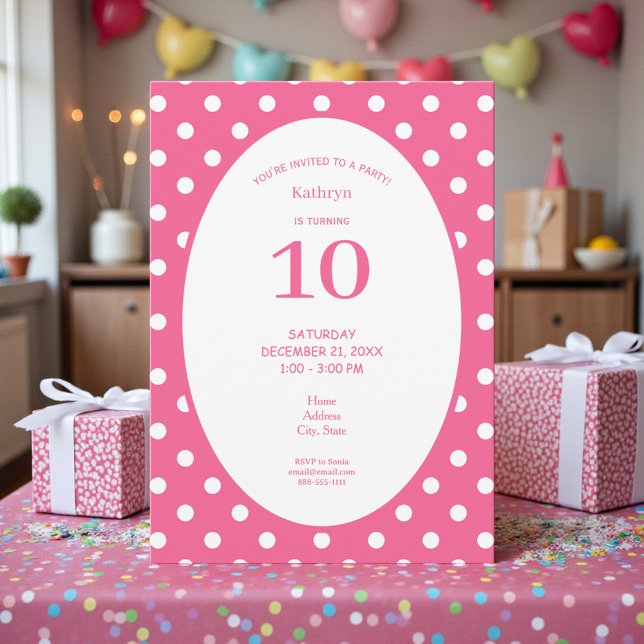 Invitation Fête d'anniversaire rose avec pois blancs (Créateur téléchargé)