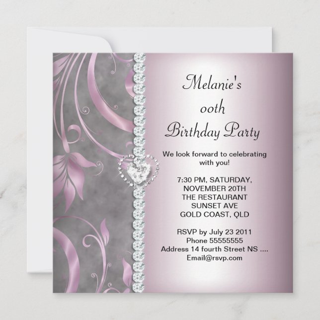 Invitation Fête d'anniversaire Rose Blanc Gris Floral (Devant)