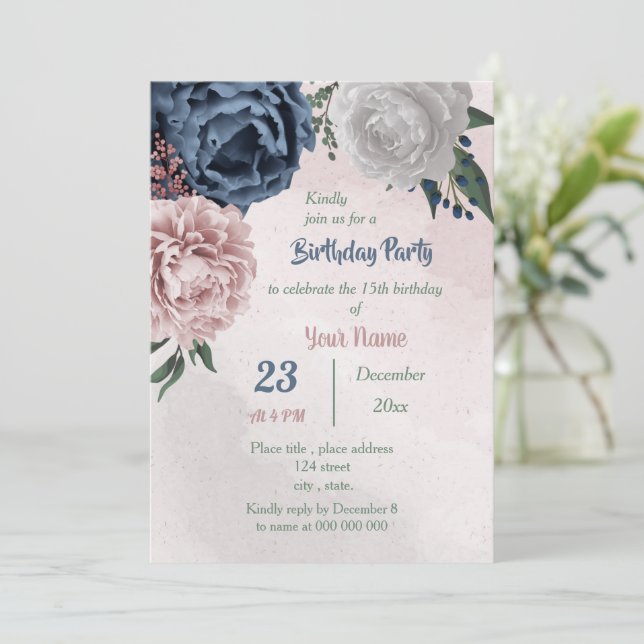 Invitation fête d'anniversaire rose bleu & blanc fleuri (Debout devant)
