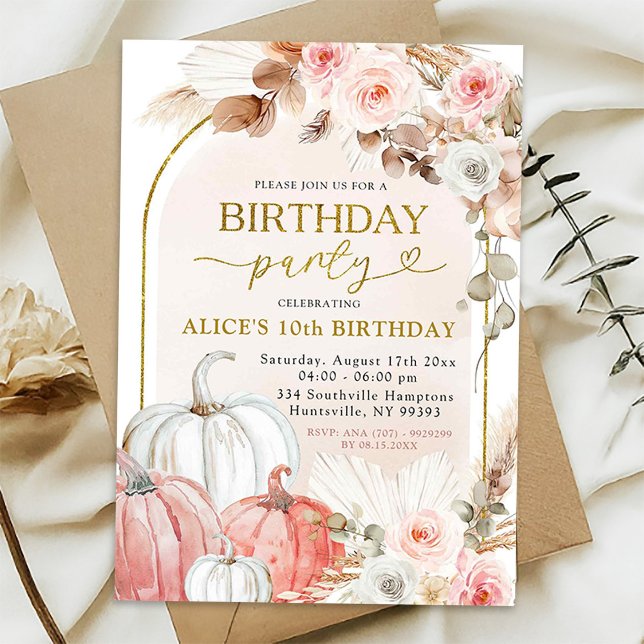 Invitation Fête d'anniversaire rose boho arche sauvage citrou (Créateur téléchargé)