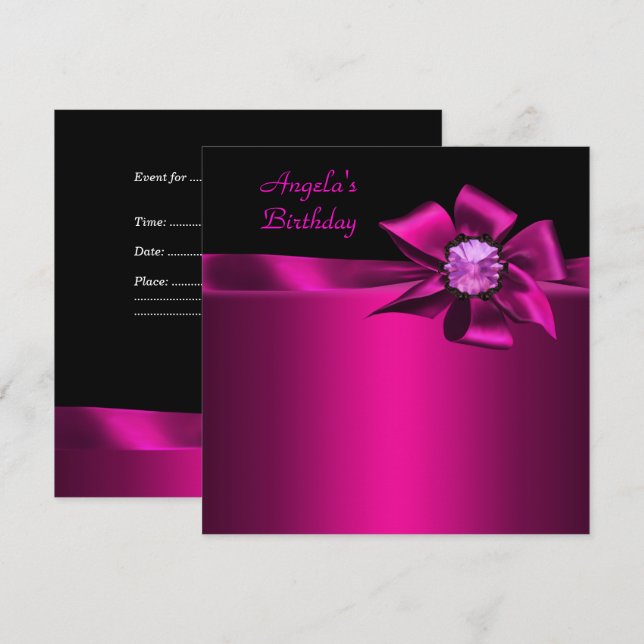 Invitation Fête d'anniversaire Rose Bow Noir Rose (Devant / Derrière)