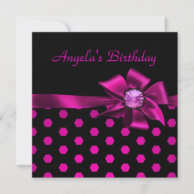 Invitation Fête d'anniversaire Rose Bow Noir Tache Rose (Devant)