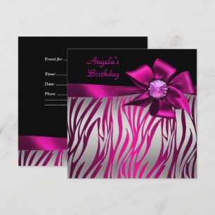 Invitation Fête d'anniversaire Rose Bow Noir Zèbre Argent