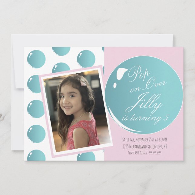 Invitation Fête d'anniversaire rose Bulles éclatent (Devant)