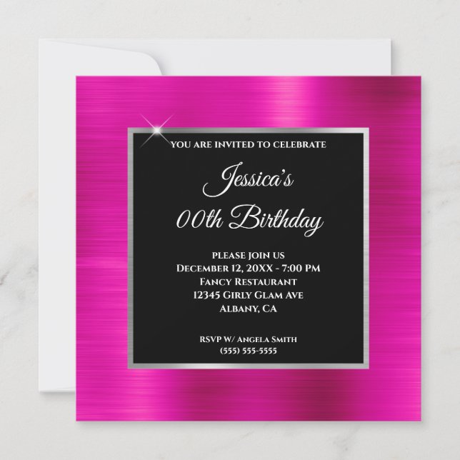 Invitation Fête d'anniversaire rose chaud argenté et noir (Devant)