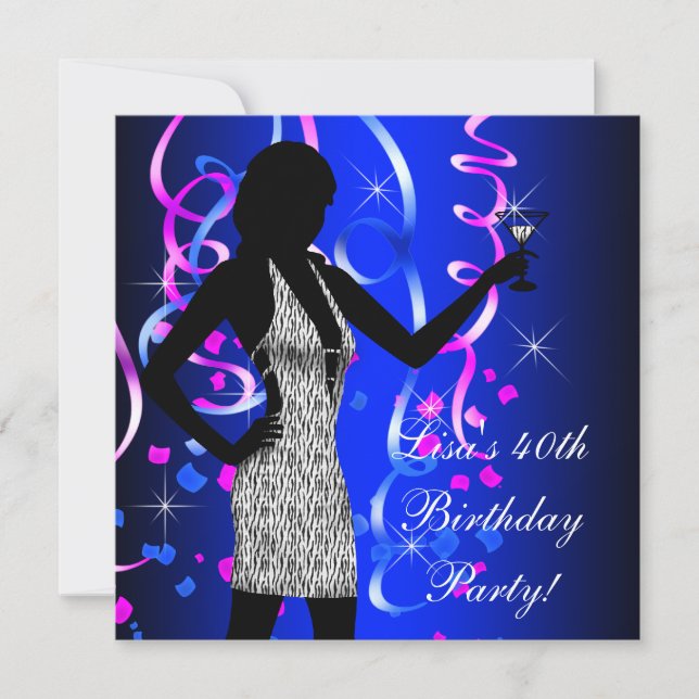 Invitation Fête d'anniversaire rose chaud et bleu de roi (Devant)