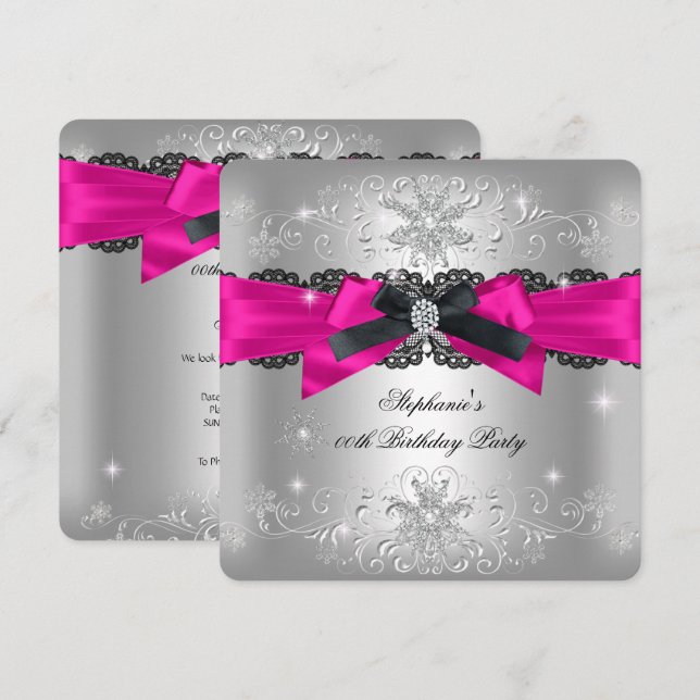 Invitation Fête d'anniversaire rose chaud noir nœud paillette (Devant / Derrière)