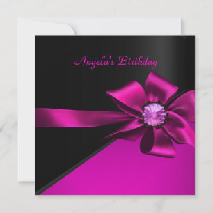 Invitation Fête d'anniversaire rose chaud noir rose nœud bijo