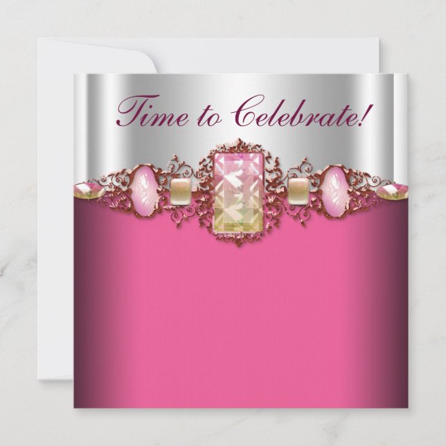 Invitation Fête d'anniversaire rose chaud or Jewels (Devant)
