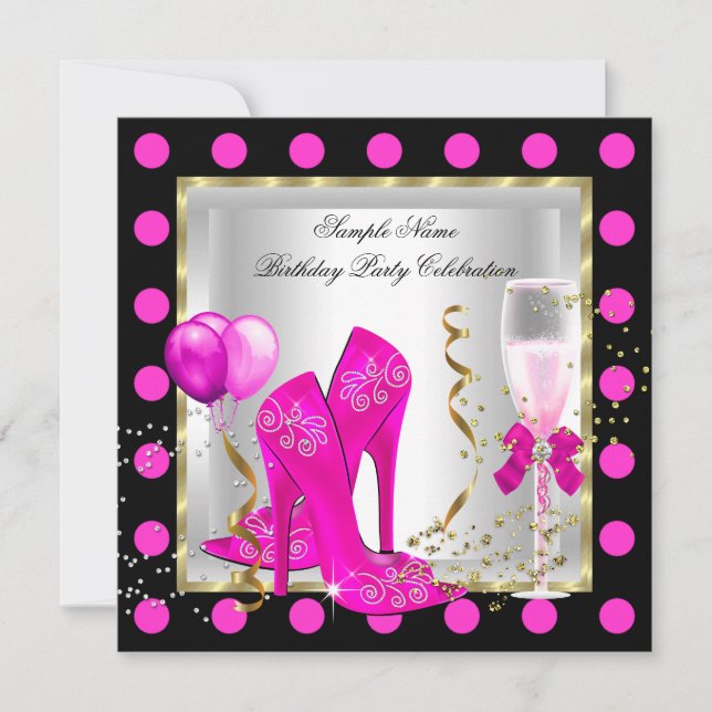 Invitation Fête d'anniversaire rose chaud or paillettes blanc (Devant)