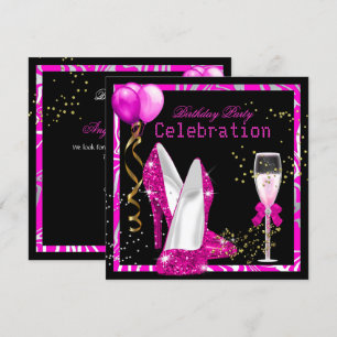 Invitation Fête d'anniversaire rose chaud or paillettes zèbre