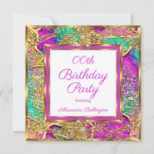 Invitation Fête d'anniversaire rose chaud sarcelle violet Or
