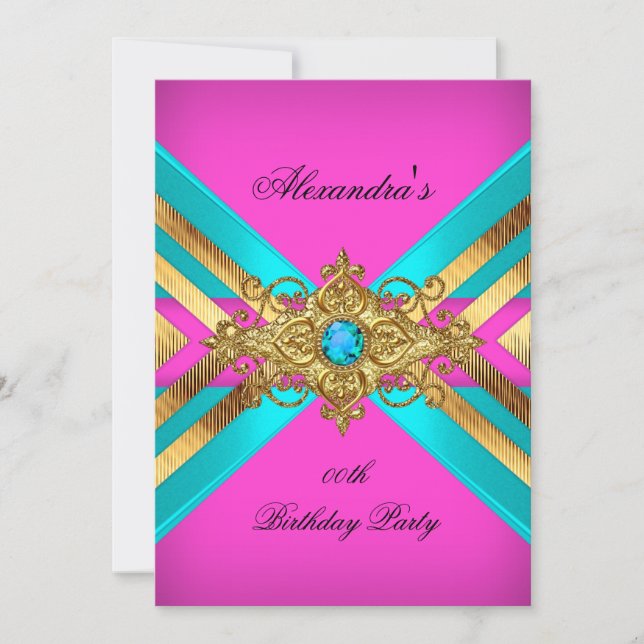 Invitation Fête d'anniversaire Rose Chaud Turquoise Or Bijou  (Devant)