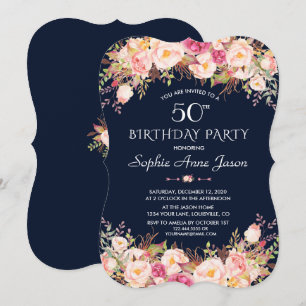 Invitation Fête d'anniversaire Rose Clair Floral Bleu Marine