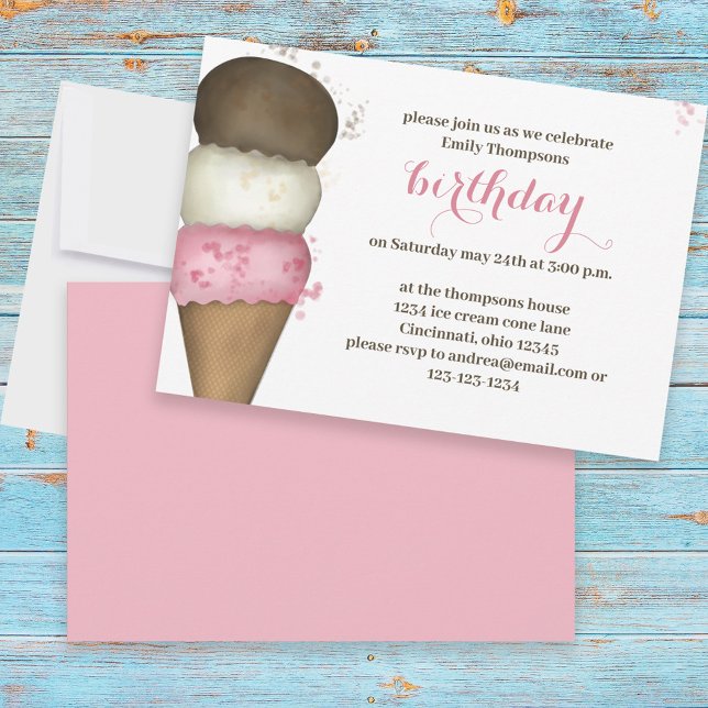Invitation Fête d'anniversaire rose Cône de glace personnalis (Créateur téléchargé)