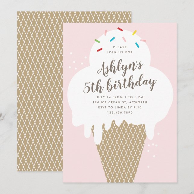 Invitation Fête d'anniversaire rose cône de glace pour enfant (Devant / Derrière)