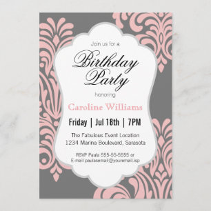Invitation Fête d'anniversaire Rose Damas