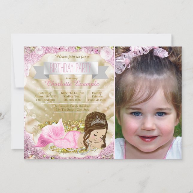 Invitation Fête d'anniversaire rose de sirène pour filles (Devant)