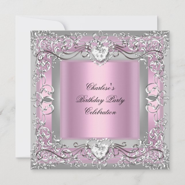 Invitation Fête d'anniversaire Rose Diamant Argenté (Devant)