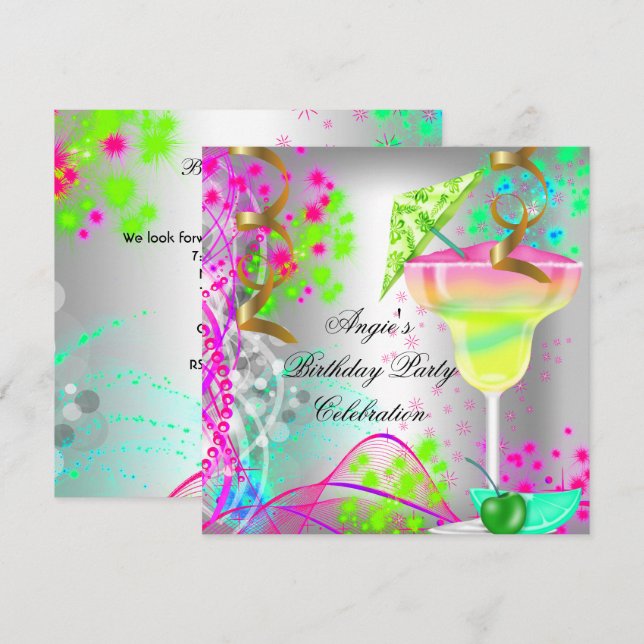 Invitation Fête d'anniversaire rose estivale Cocktail coloré (Devant / Derrière)
