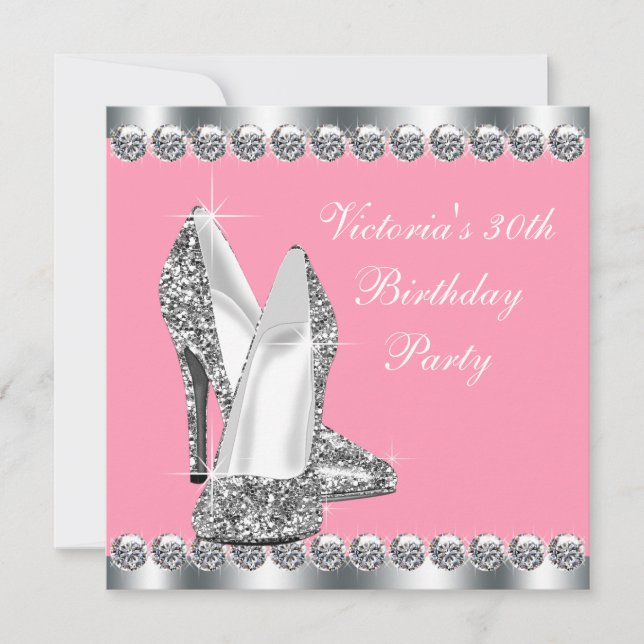 Invitation Fête d'anniversaire rose et argent pour femme (Devant)
