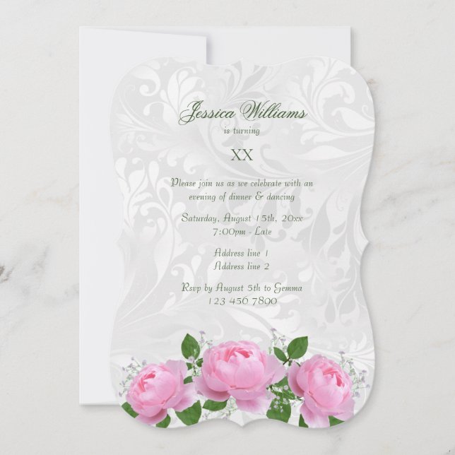 Invitation Fête d'anniversaire rose et damas stylé (Devant)