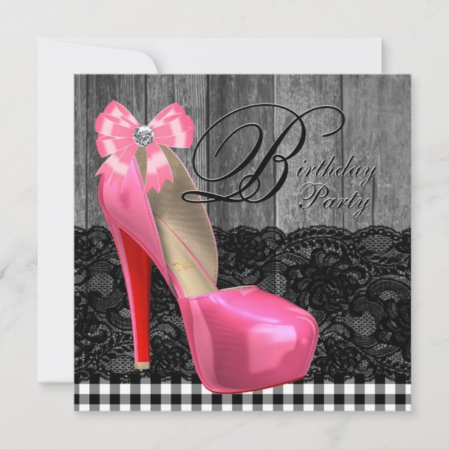 Invitation Fête d'anniversaire rose et noir en bois de grange (Devant)