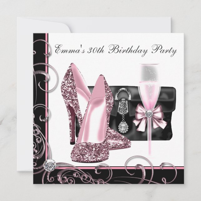 Invitation Fête d'anniversaire rose et noir pour femme (Devant)