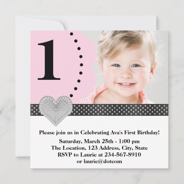 Invitation Fête d'anniversaire rose et noir pour filles (Devant)