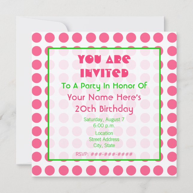 Invitation Fête d'anniversaire rose et verte métallique (Devant)