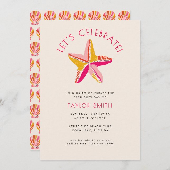 Invitation Fête d'anniversaire rose étoile de mer de plage gr (Devant / Derrière)