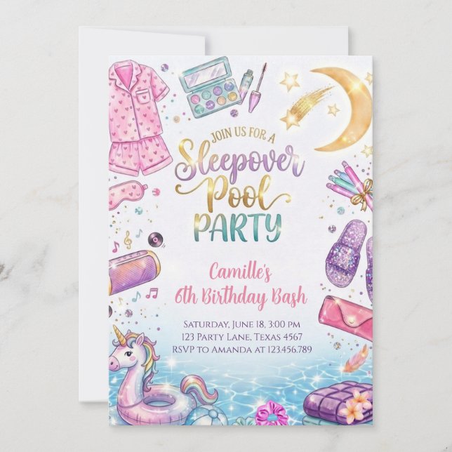 Invitation Fête d'anniversaire rose fille Pyjama Party Piscin (Devant)