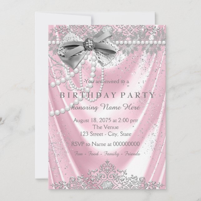 Invitation Fête d'anniversaire rose fille satin perle rose gr (Devant)