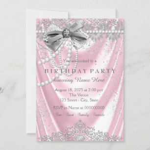 Invitation Fête d'anniversaire rose fille satin perle rose gr