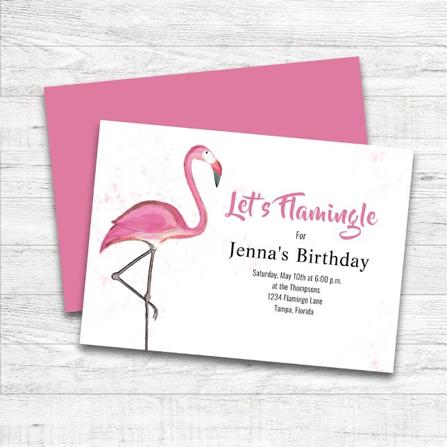 Invitation Fête d'anniversaire rose flamant aquarelle (Pink Flamingo Custom Birthday Party Invitations.)